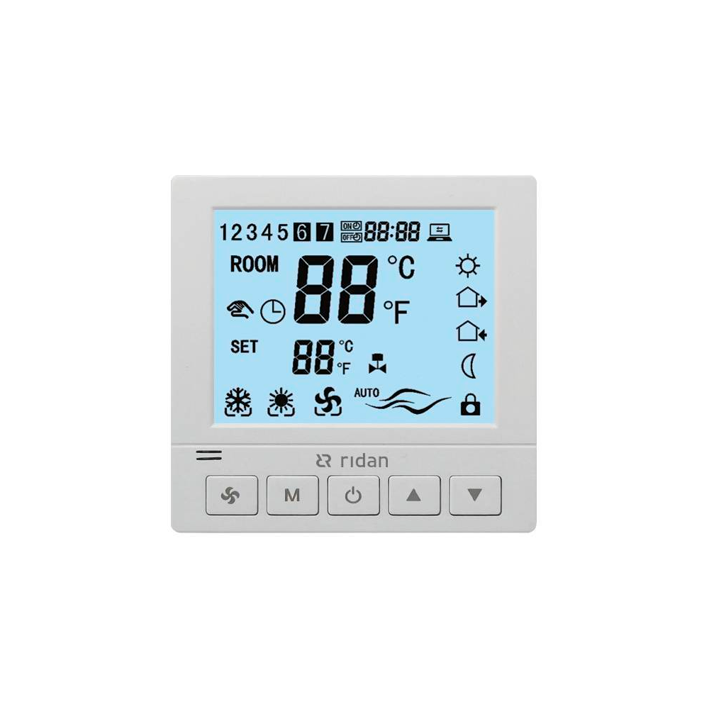 

Электронный термостат Ридан Greencon-R 230V, 3 скорости вентилятора, RS485 Modbus, встраиваемый