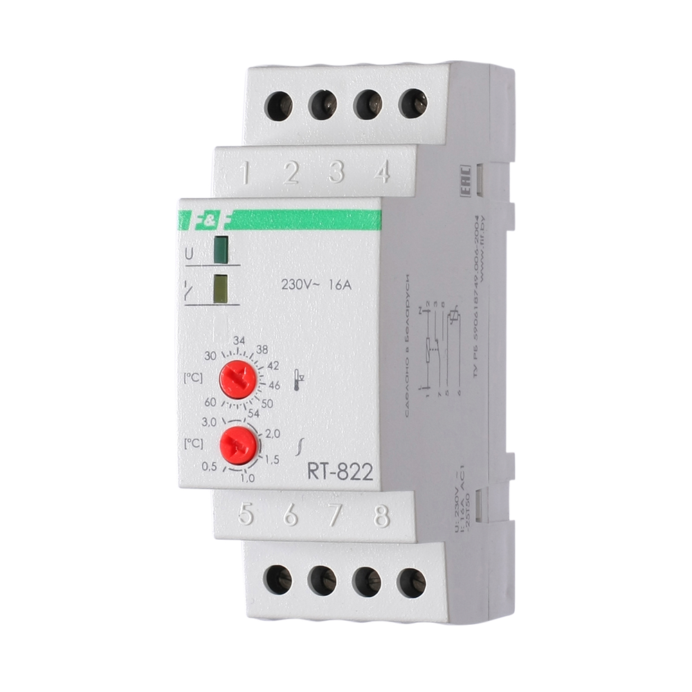 Терморегулятор ДЕВИ RT-822 (+30°C-+60°C) на шину DIN, с датчиком RT на проводе, 16А 140F1082R - фото 1