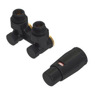 Комплект Schlosser Standard угловой G3/4*3/4 с термоголовкой MINI M30*1,5 + 2 Ниппеля,Ral 9005 matt.