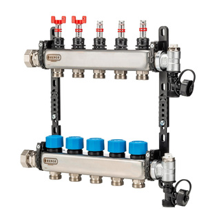 Коллектор HENCO из нержавеющей стали, расходомер, воздухоотводчик, дренаж и клапан, 1” - 5 x 3/4”