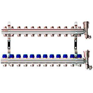 Комплект коллекторов Ридан FHF-12R set с кронштейнами и воздухоотводчиками, 12 контуров